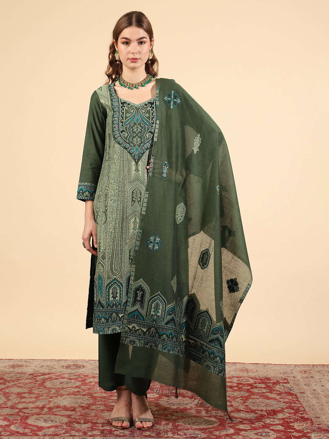 Kidar Ethnic Printed & Embordered Straight Kurta with Pant & Dupatta - B. Green