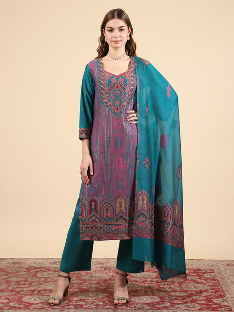 Kidar Ethnic Weave & Embordered Straight Kurta with Pant & Dupatta - New Green