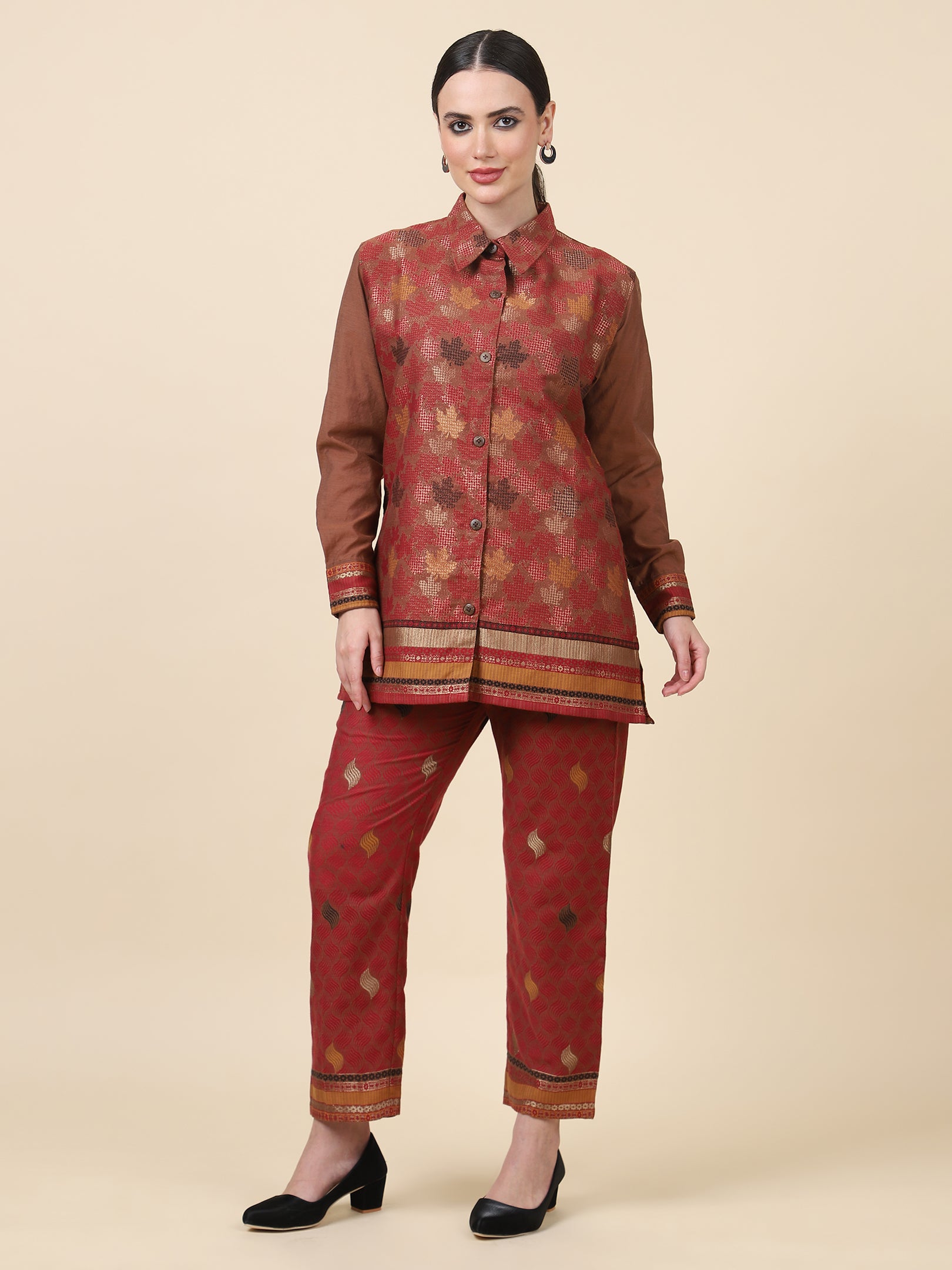 Kidar Ethnic Shirt Style Kurta With Pant Mehroon Chanderi Printed  Co-Ord Set (Top & Bottom)