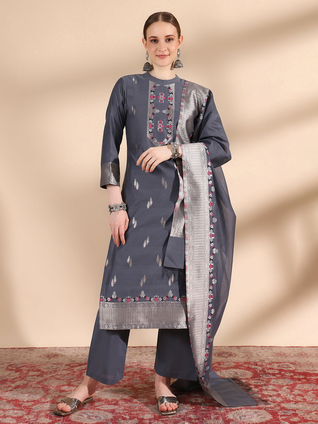 Kidar Ethnic Printed & Embordered Straight Kurta with Pant & Dupatta - Grey