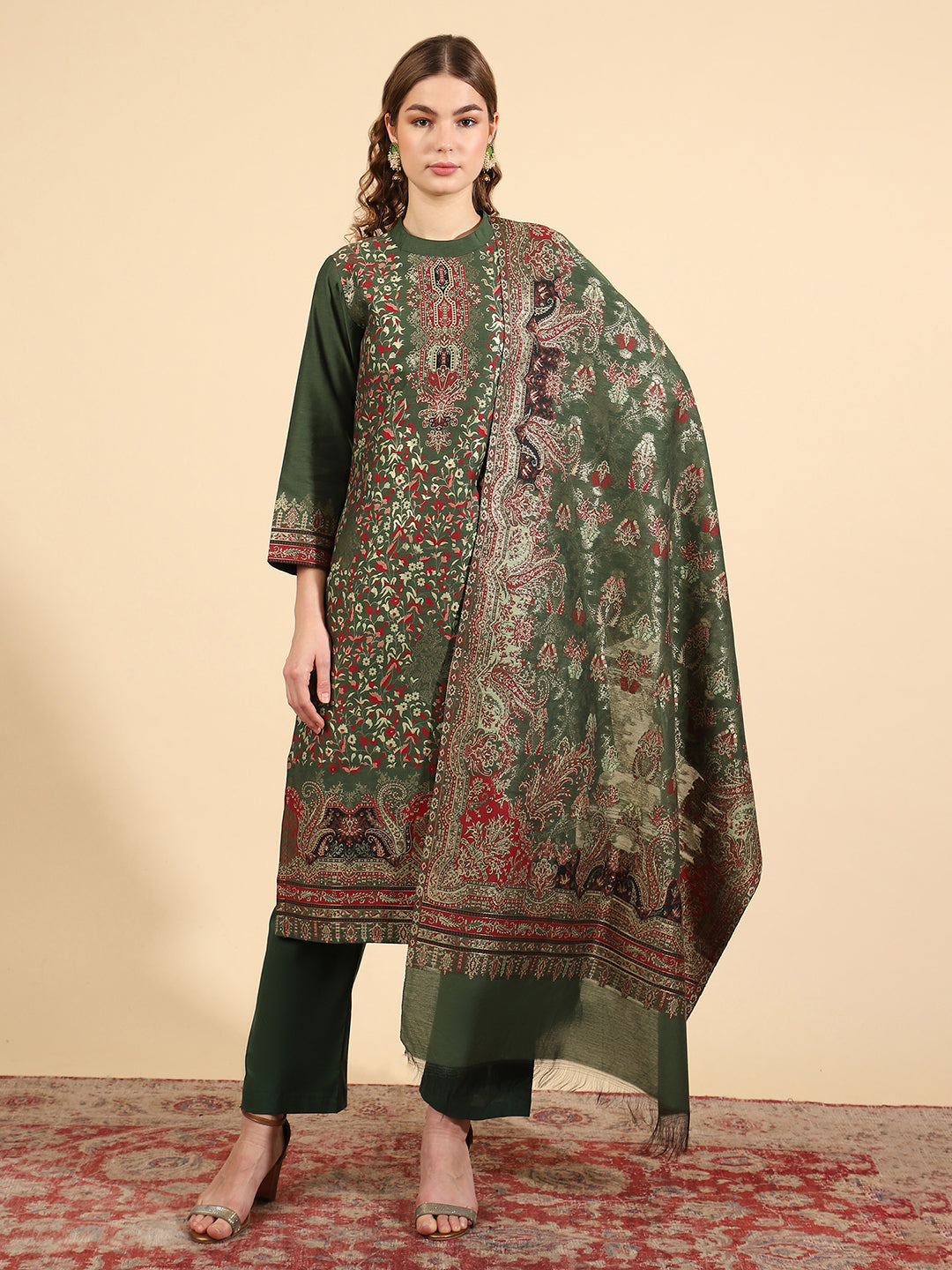 Kidar Floral Printed Kurta with Pants & Dupatta - B. Green