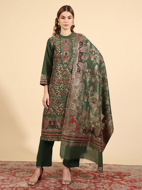 Kidar Floral Weave Kurta with Pants & Dupatta - B. Green
