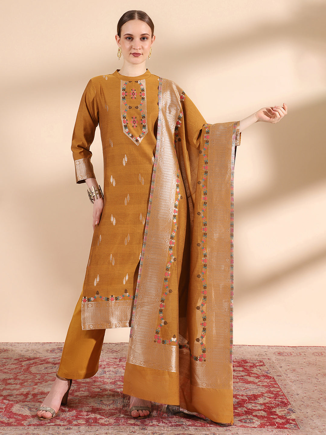 "Kidar Mustard Cotton Silk Mandarin Collar Kurta Set with Dupatta"