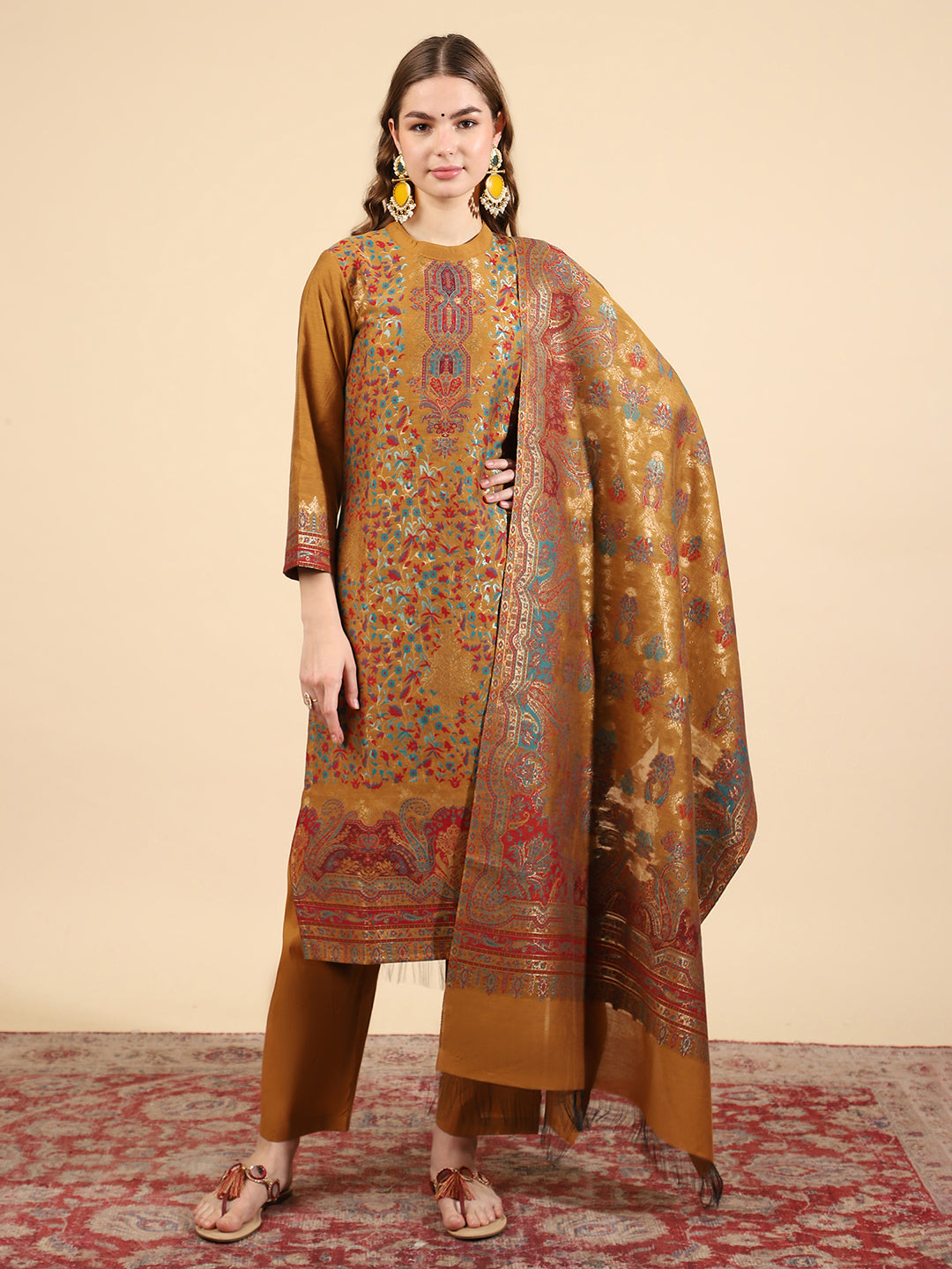 "Kidar Mustard Cotton Silk Mandarin Collar Kurta Set with Dupatta"