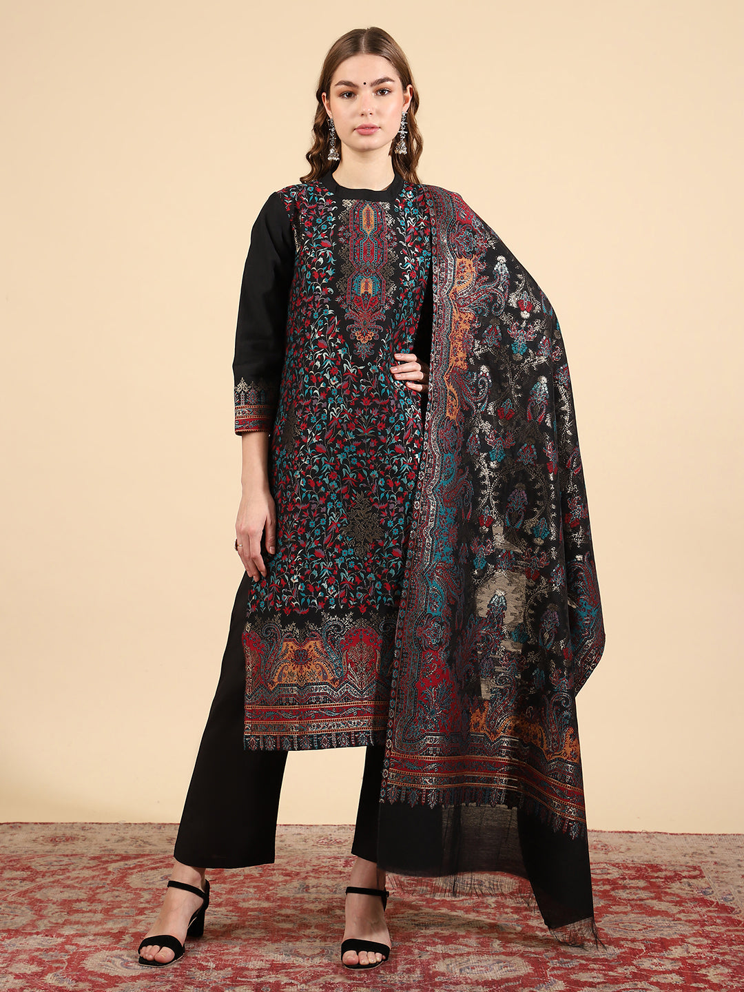 Mandarin Collar Kurta Set with Dupatta - Black