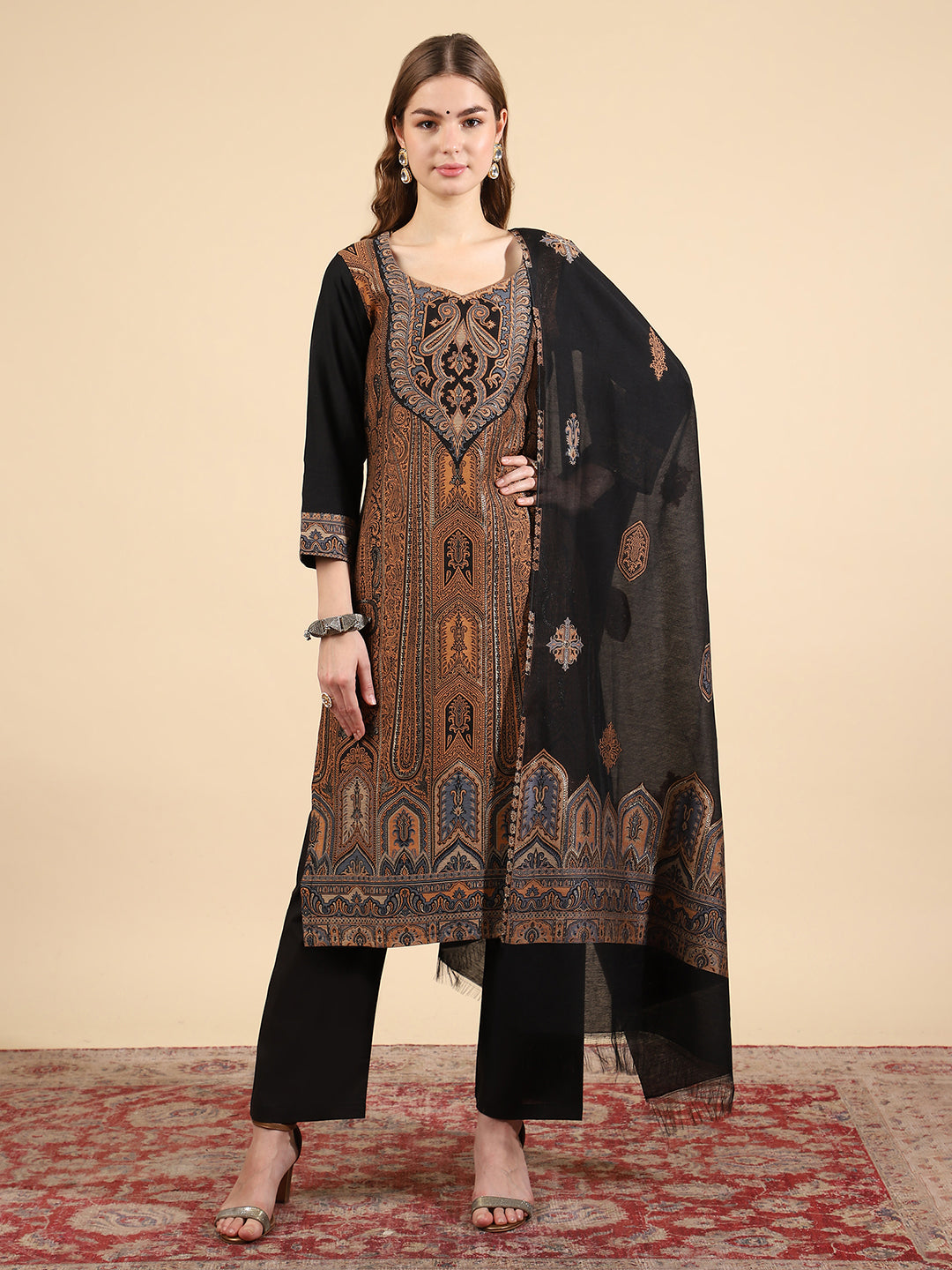 Kidar Elegant Black Printed Pant Suit with Threadwork - Black