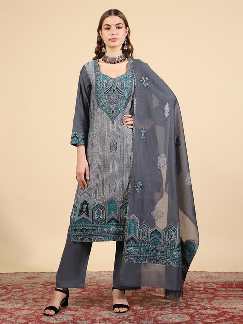 Kidar Ethnic Weave & Embordered Straight Kurta with Pant & Dupatta - Grey