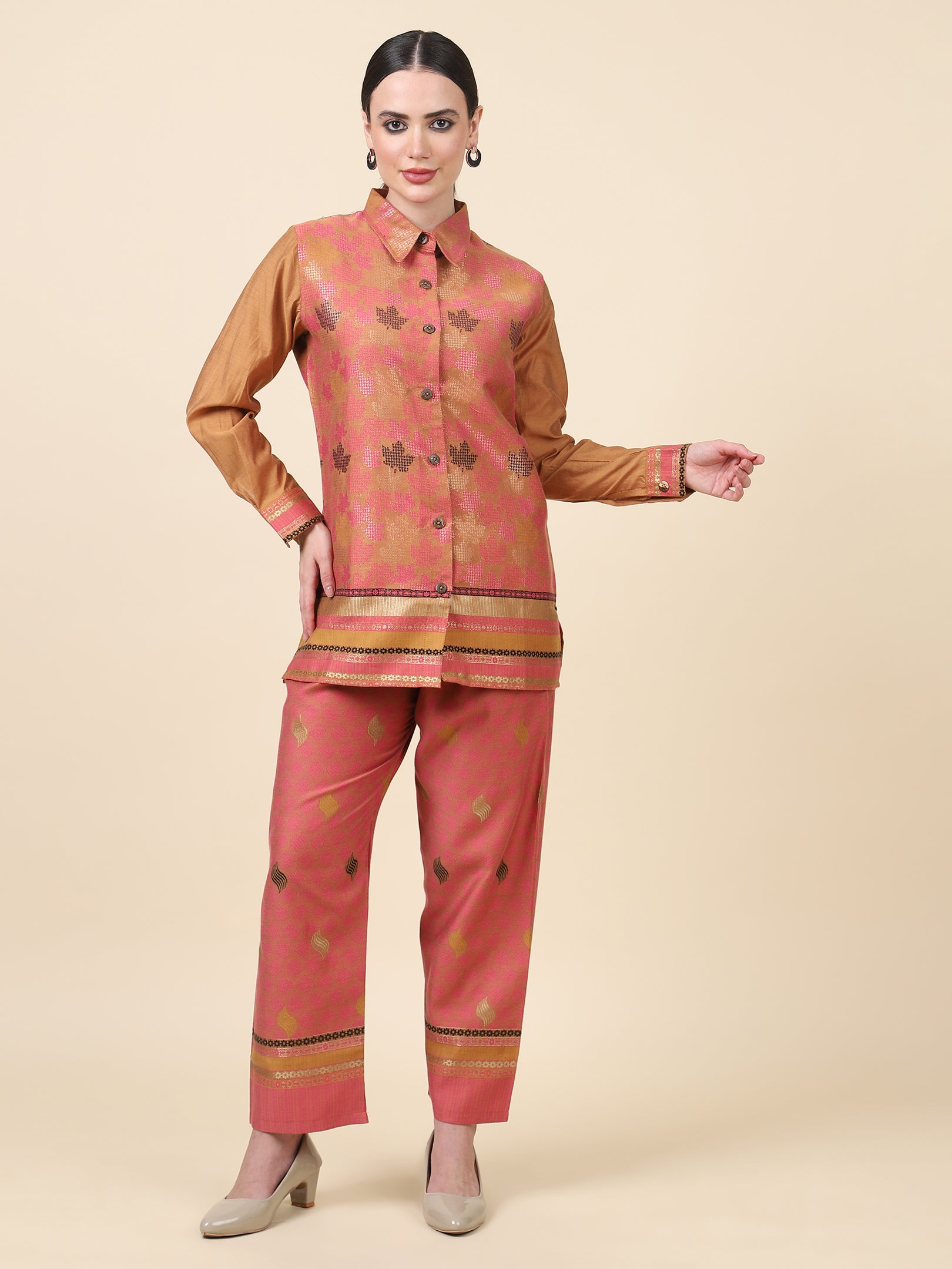 Kidar Ethnic Shirt Style Kurta with Pant Mehroon Chandri Printed Cord-Set (Top & Bottom)