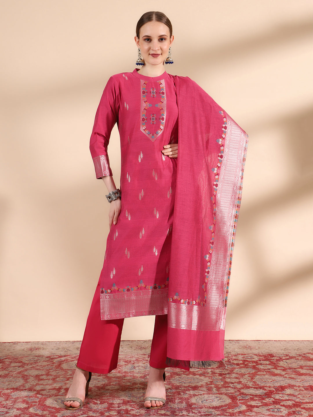 "Magenta Mandarin Collar Kurta Set with Dupatta by Kidar