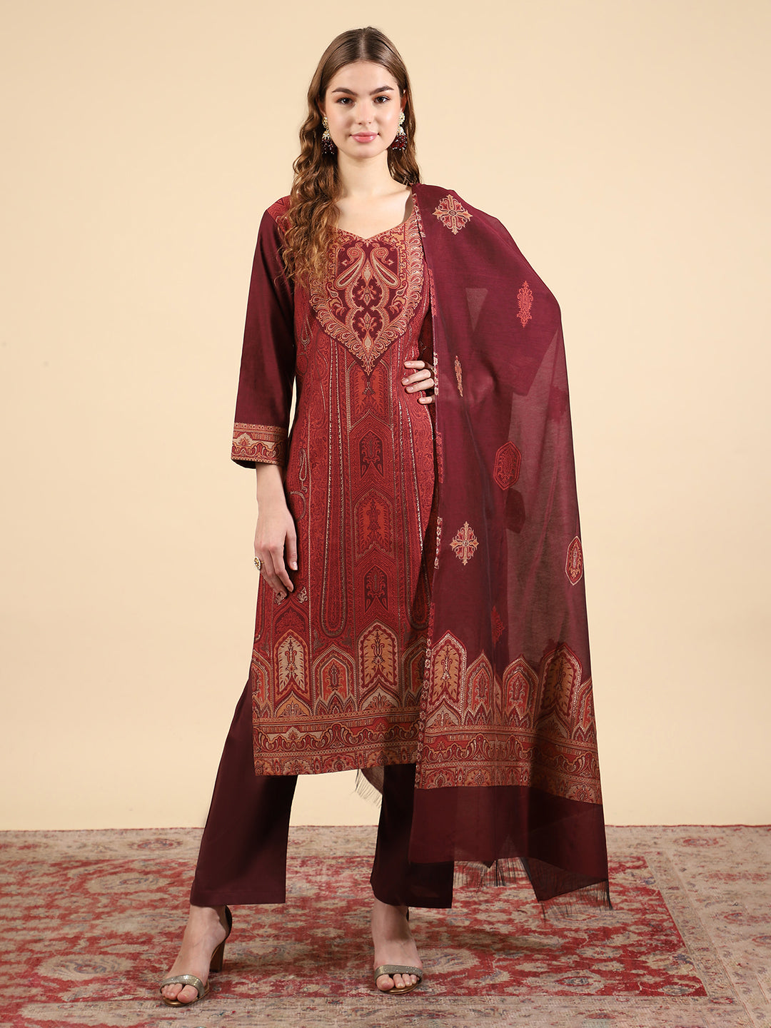 Elegant Wine-Colored U-Neck Kurta Set by Kidar