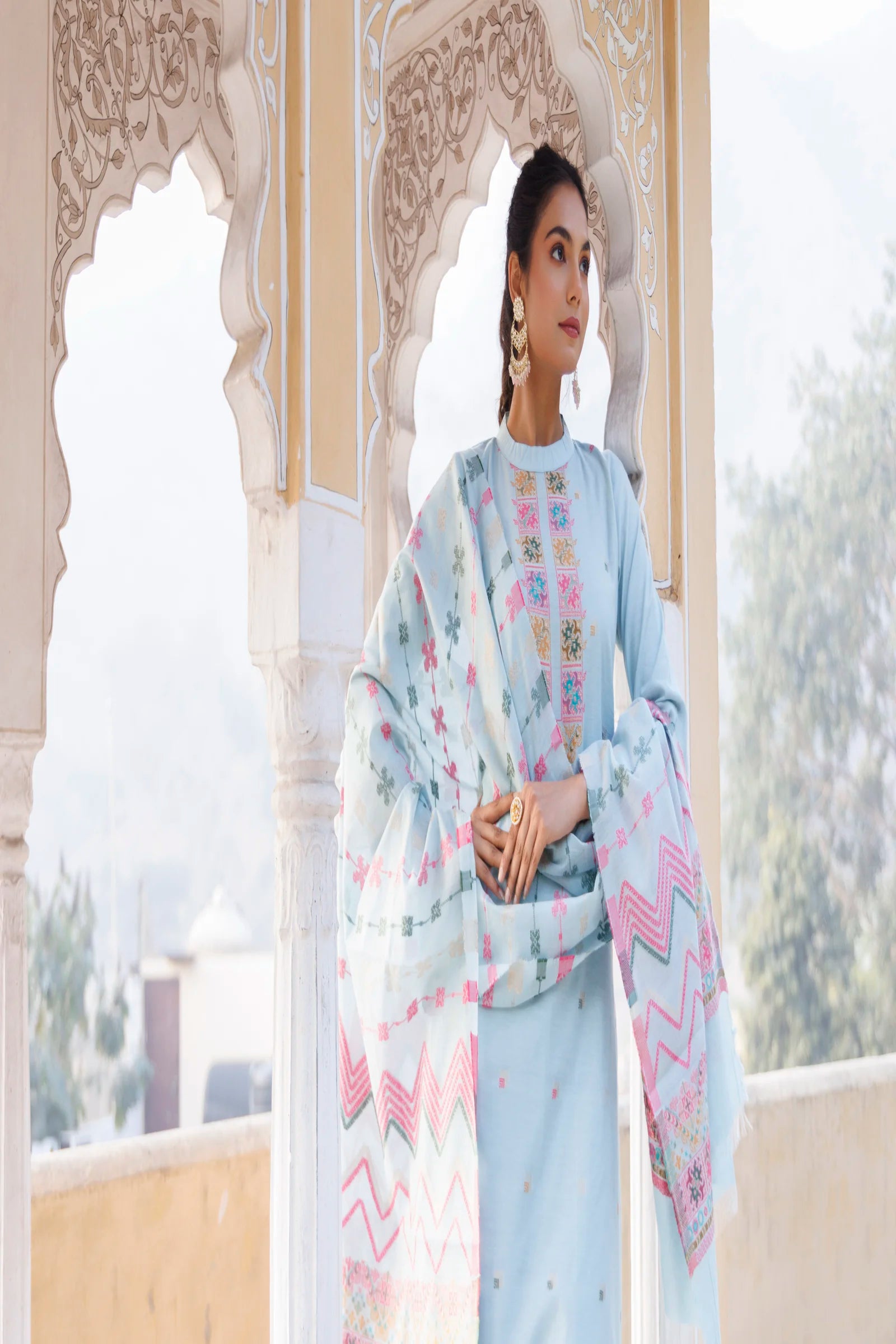 Kidar Ethnic Printed & Embrodered Straight Kurta with Pant & Dupatta - Sky Blue