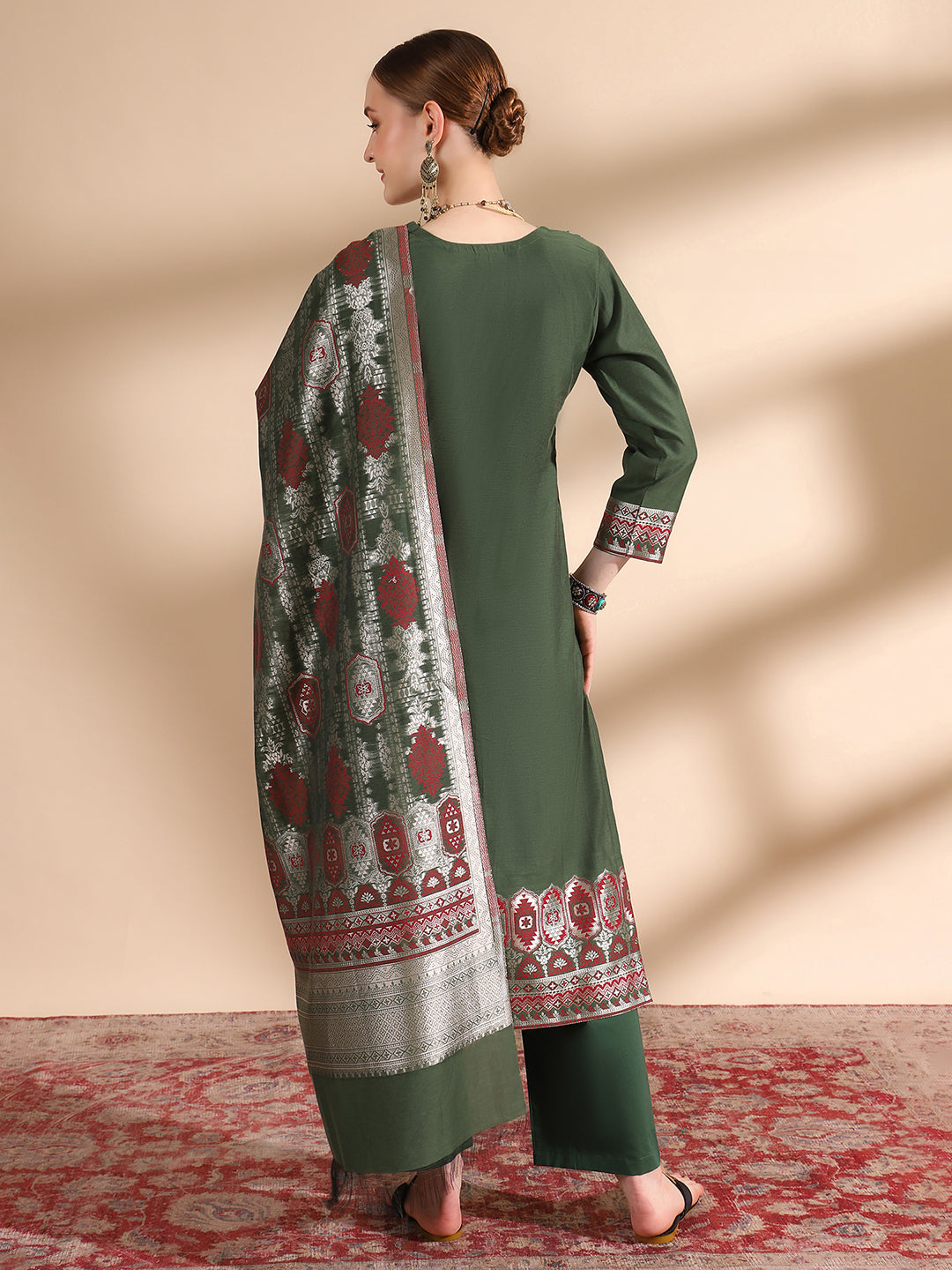 Kidar Ethnic Printed & Embrodered Straight Kurta with Pant & Dupatta - B.green