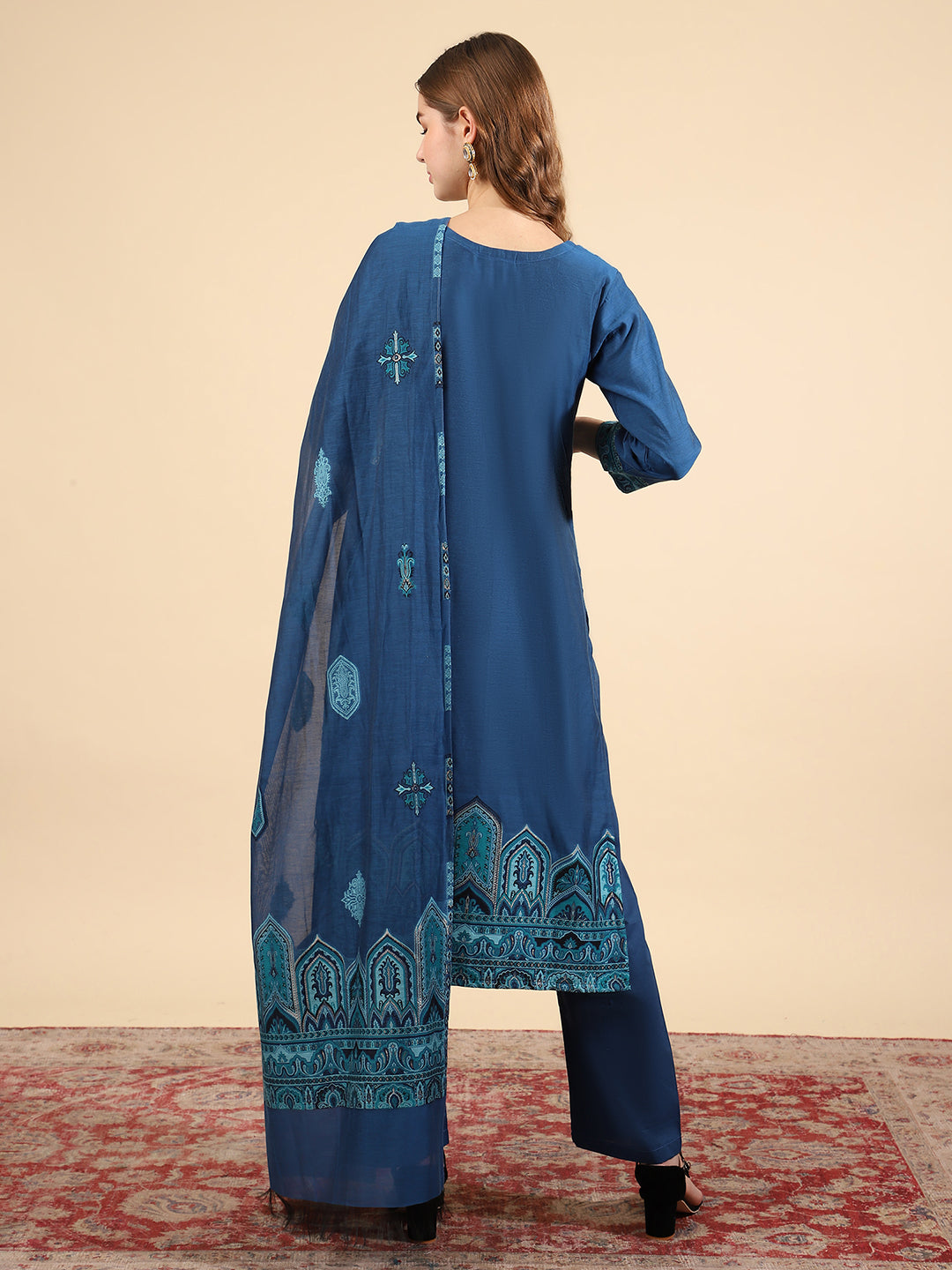 Kidar Royal Blue Organic Cotton Pant Suit with Printed Dupatta"