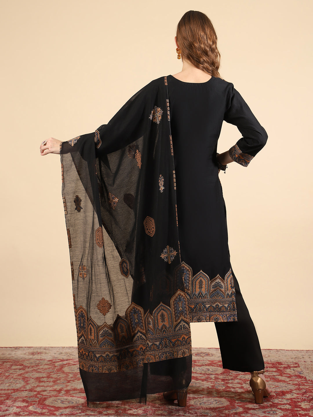 Kidar Elegant Black Printed Pant Suit with Threadwork - Black