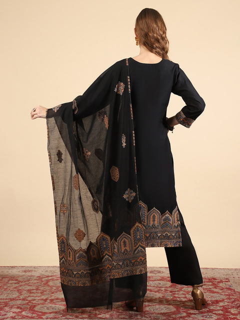 Kidar Elegant Black Weave Pant Suit with Threadwork - Black
