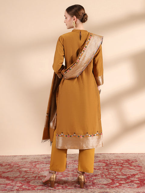 "Kidar Mustard Cotton Silk Mandarin Collar Kurta Set with Dupatta"