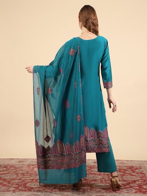 Kidar Ethnic Weave & Embordered Straight Kurta with Pant & Dupatta - New Green