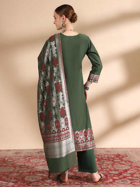 Kidar Ethnic Weave & Embordered Straight Kurta with Pant & Dupatta - B.green