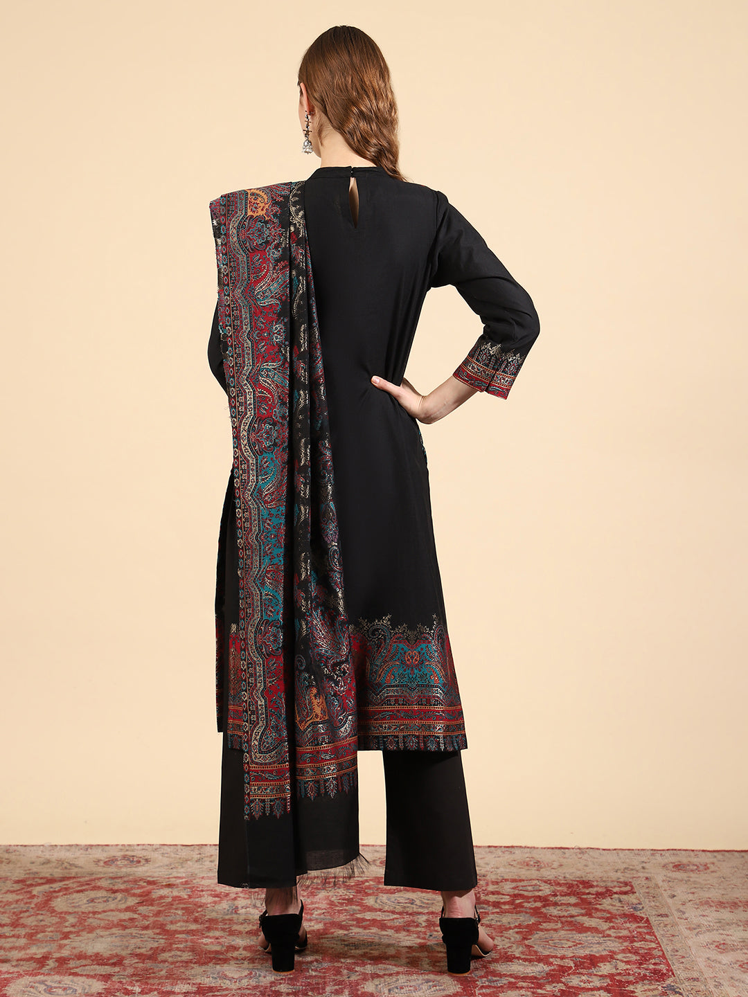 Mandarin Collar Kurta Set with Dupatta - Black