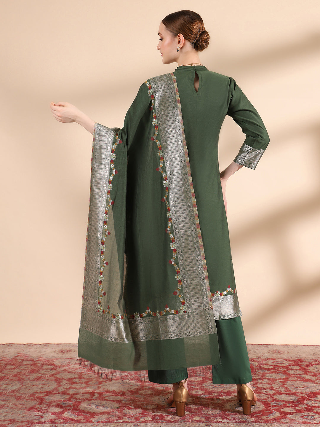 Kidar Ethnic Printed & Embordered Straight Kurta with Pant & Dupatta - b-green