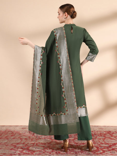 Kidar Ethnic Weave & Embordered Straight Kurta with Pant & Dupatta - B.Green