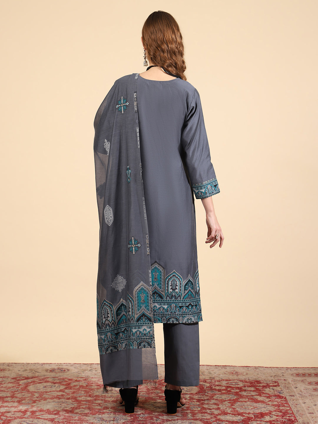 Kidar Ethnic Printed & Embordered Straight Kurta with Pant & Dupatta - Grey