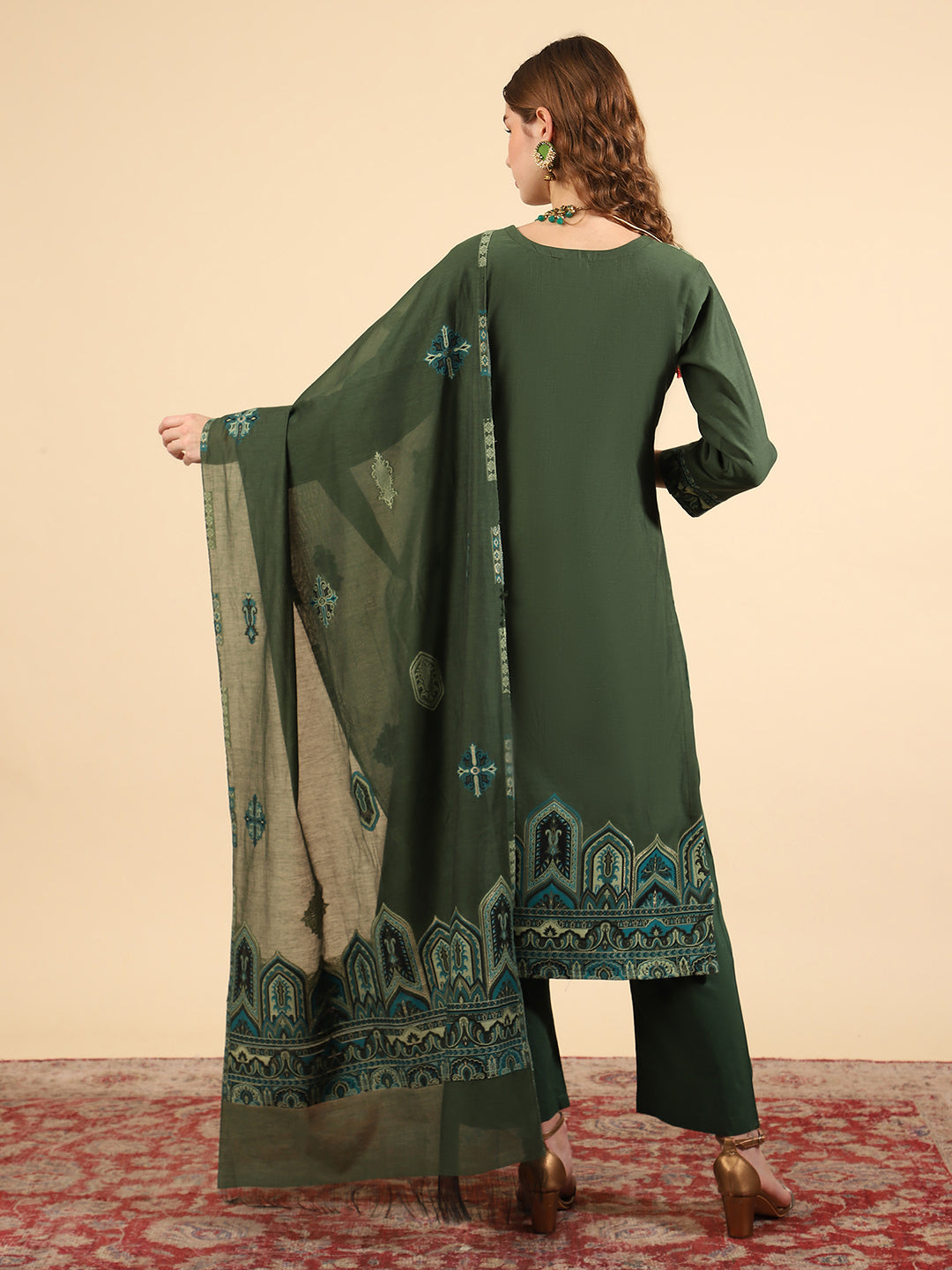 Kidar Ethnic Printed & Embordered Straight Kurta with Pant & Dupatta - B. Green