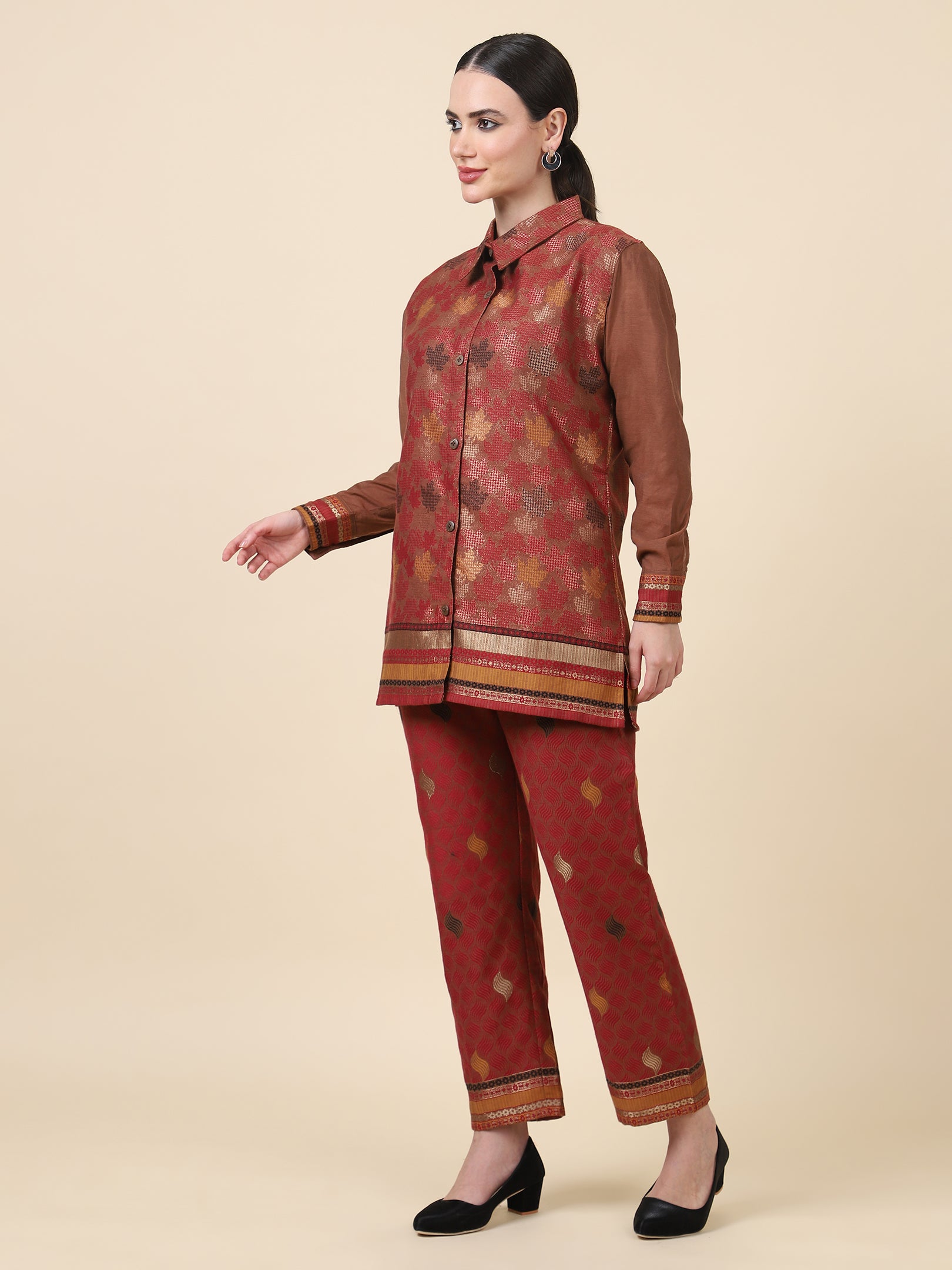 Kidar Ethnic Shirt Style Kurta With Pant Mehroon Chanderi Printed  Co-Ord Set (Top & Bottom)