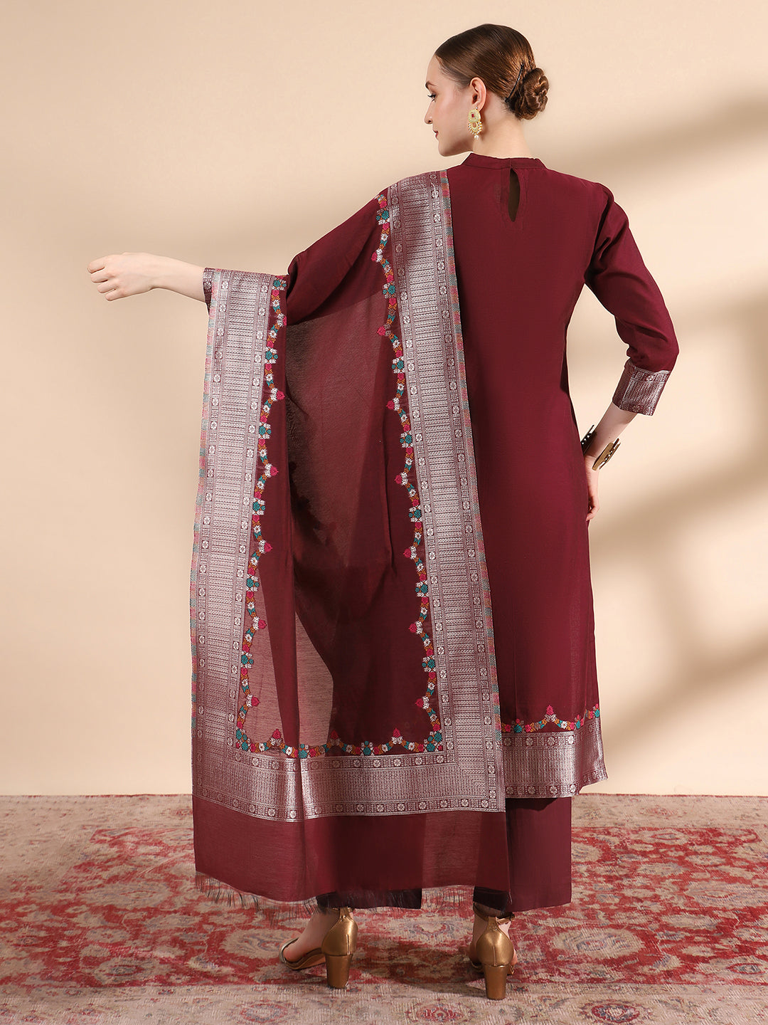 Kidar Floral Printed Kurta with Pants & Dupatta - Wine