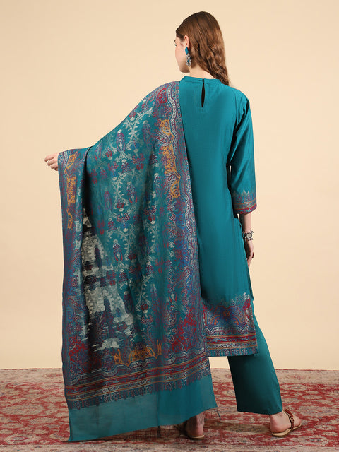Kidar Ethnic Weave & Embordered Straight Kurta with Pant & Dupatta - New Green