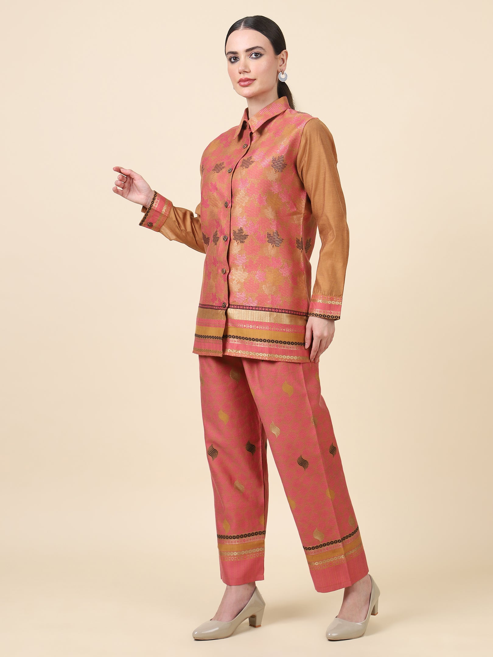 Kidar Ethnic Shirt Style Kurta with Pant Mehroon Chandri Printed Cord-Set (Top & Bottom)