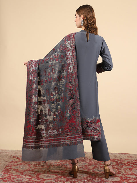 Kidar Ethnic Weave & Embordered Straight Kurta with Pant & Dupatta - Grey