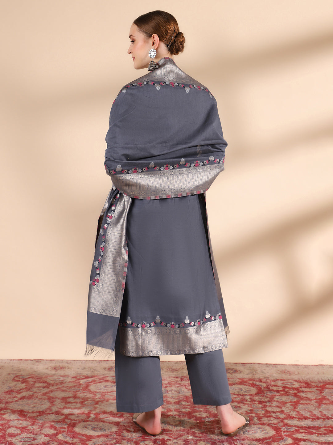 Kidar Ethnic Printed & Embordered Straight Kurta with Pant & Dupatta - Grey