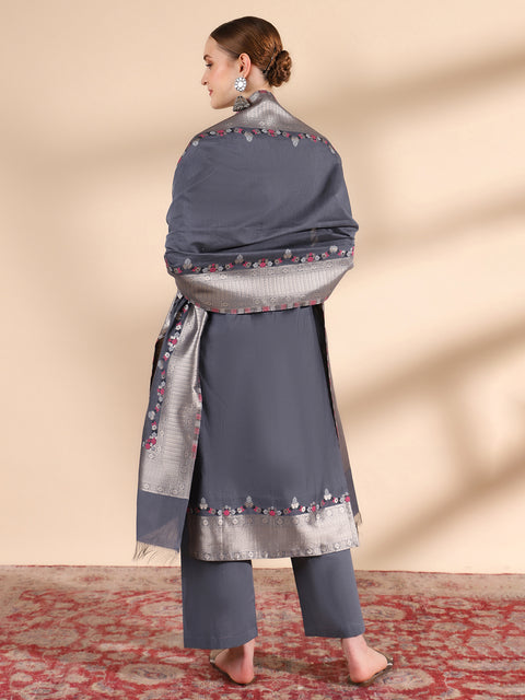 Kidar Ethnic Weave & Embordered Straight Kurta with Pant & Dupatta - Grey