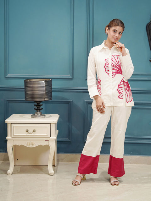 White & Red Embroidered Co-Ord Set for Women | Cotton Two-Piece Outfit