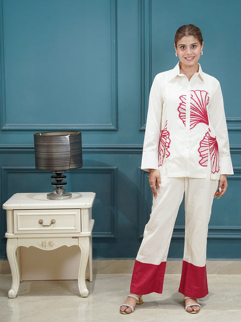 White & Red Embroidered Co-Ord Set for Women | Cotton Two-Piece Outfit