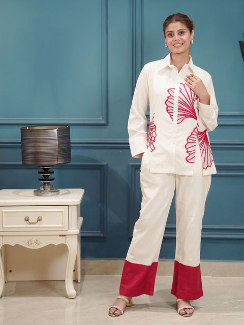 White & Red Embroidered Co-Ord Set for Women | Cotton Two-Piece Outfit