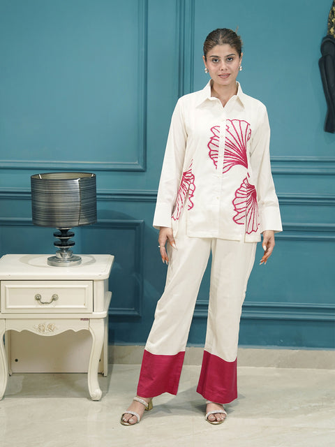 White & Red Embroidered Co-Ord Set for Women | Cotton Two-Piece Outfit