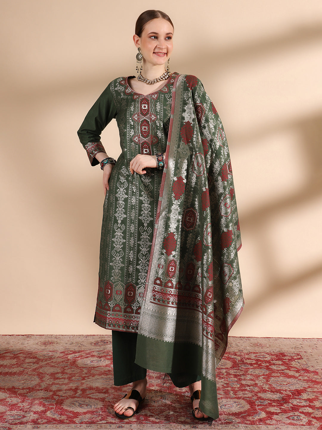 Kidar Ethnic Printed & Embrodered Straight Kurta with Pant & Dupatta - B.green