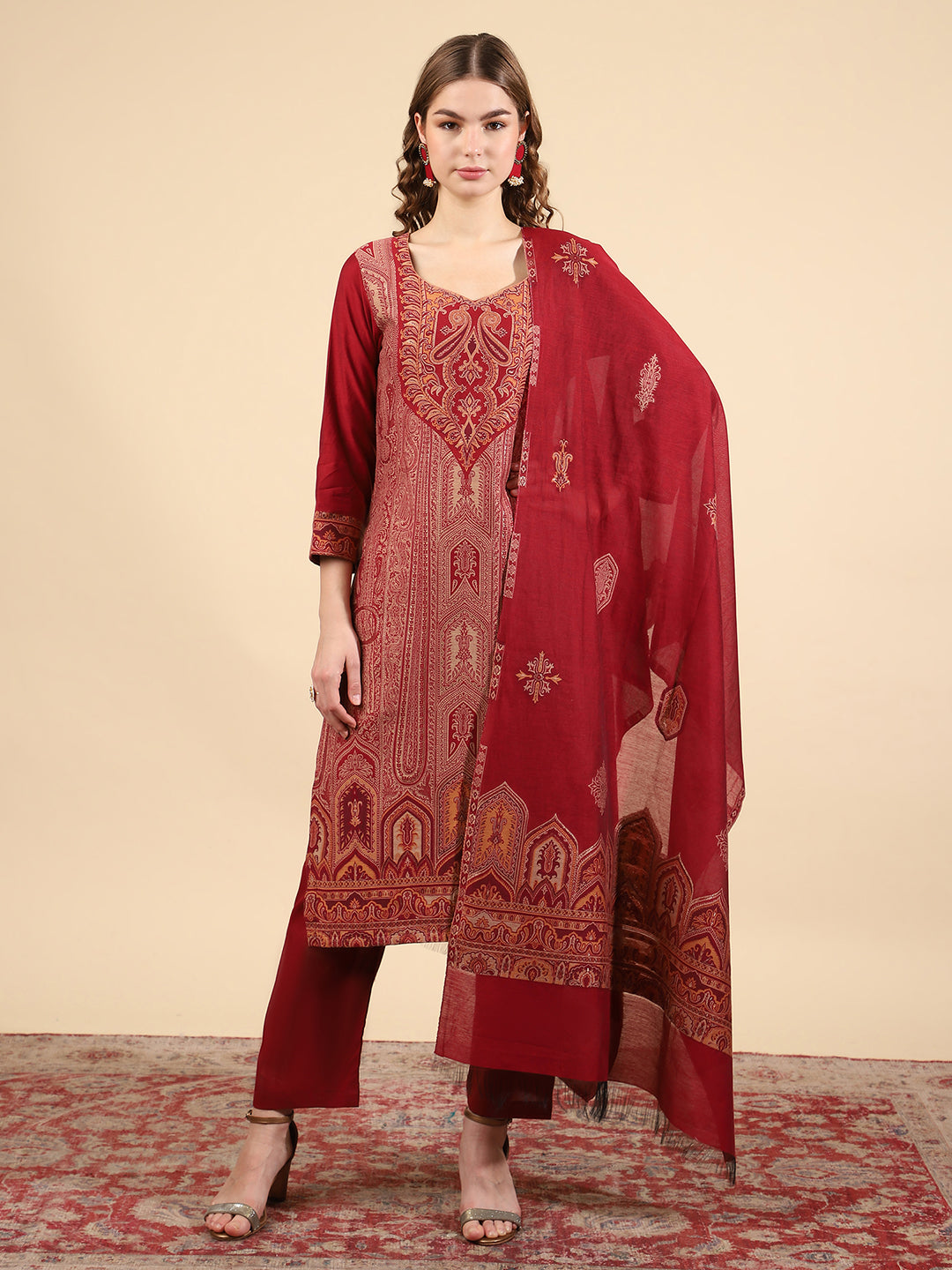 ''Kidar Mehroon Cotton Silk Mandarin Collar Kurta Set with Dupatta"