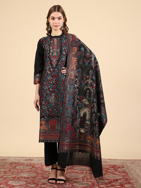 Mandarin Collar Kurta Set with Dupatta - Black
