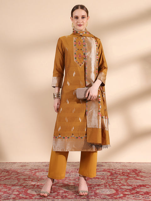 "Kidar Mustard Cotton Silk Mandarin Collar Kurta Set with Dupatta"