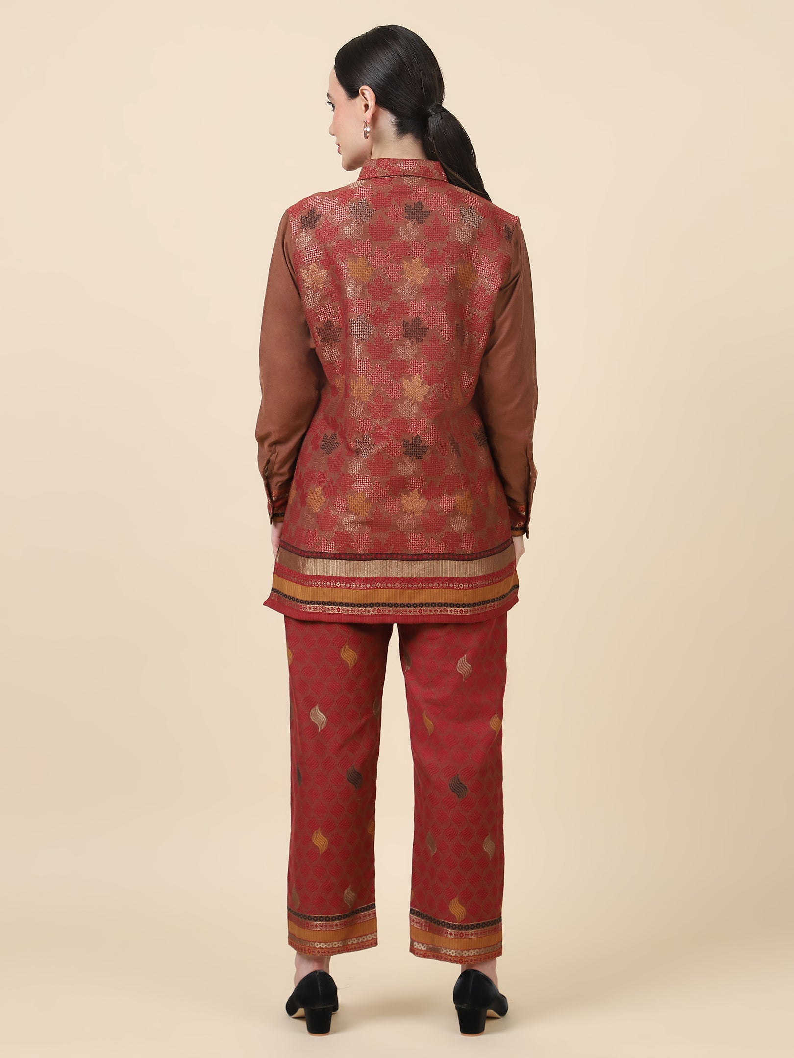 Kidar Ethnic Shirt Style Kurta With Pant Mehroon Chanderi Printed  Co-Ord Set (Top & Bottom)