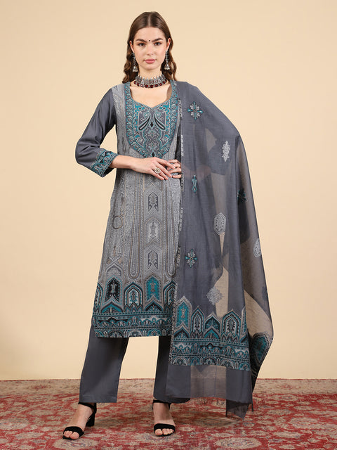 Kidar Ethnic Weave & Embordered Straight Kurta with Pant & Dupatta - Grey