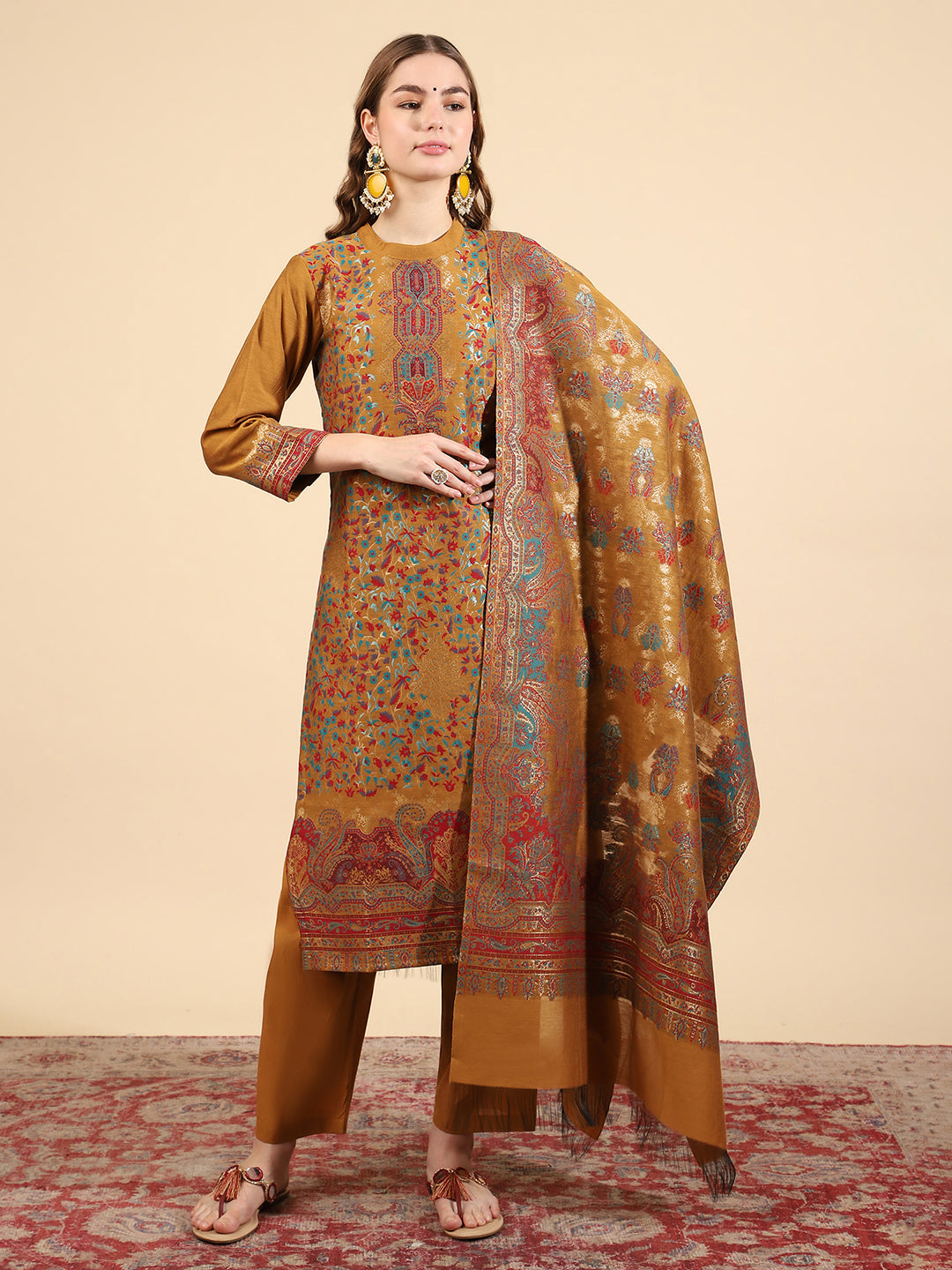 "Kidar Mustard Cotton Silk Mandarin Collar Kurta Set with Dupatta"