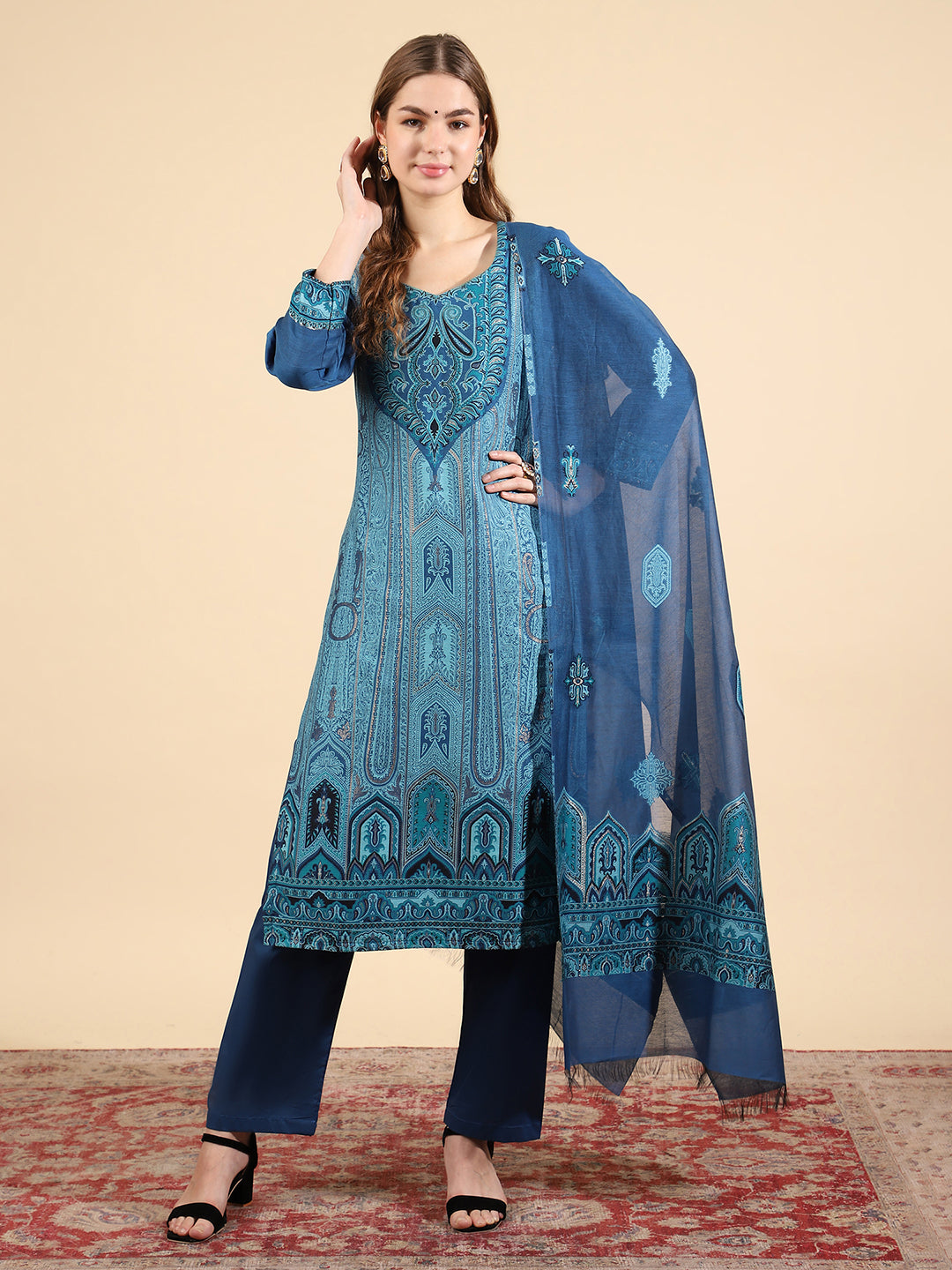 Kidar Royal Blue Organic Cotton Pant Suit with Printed Dupatta"