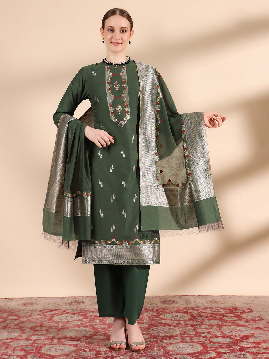 Kidar Ethnic Printed & Embordered Straight Kurta with Pant & Dupatta - b-green