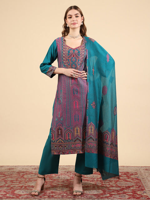 Kidar Ethnic Weave & Embordered Straight Kurta with Pant & Dupatta - New Green