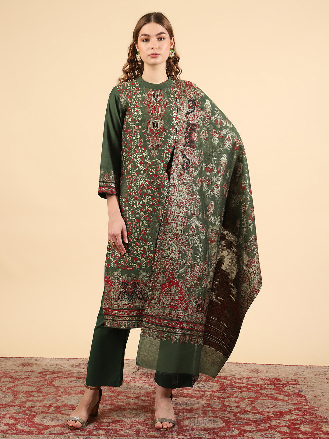 Kidar Floral Printed Kurta with Pants & Dupatta - B. Green