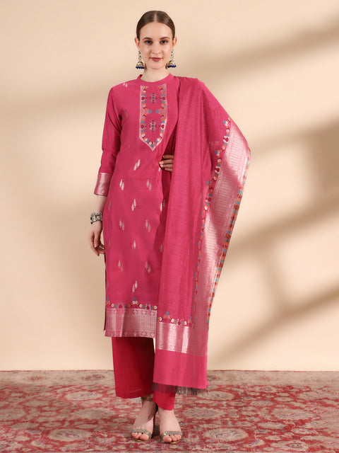 "Magenta Mandarin Collar Kurta Set with Dupatta by Kidar